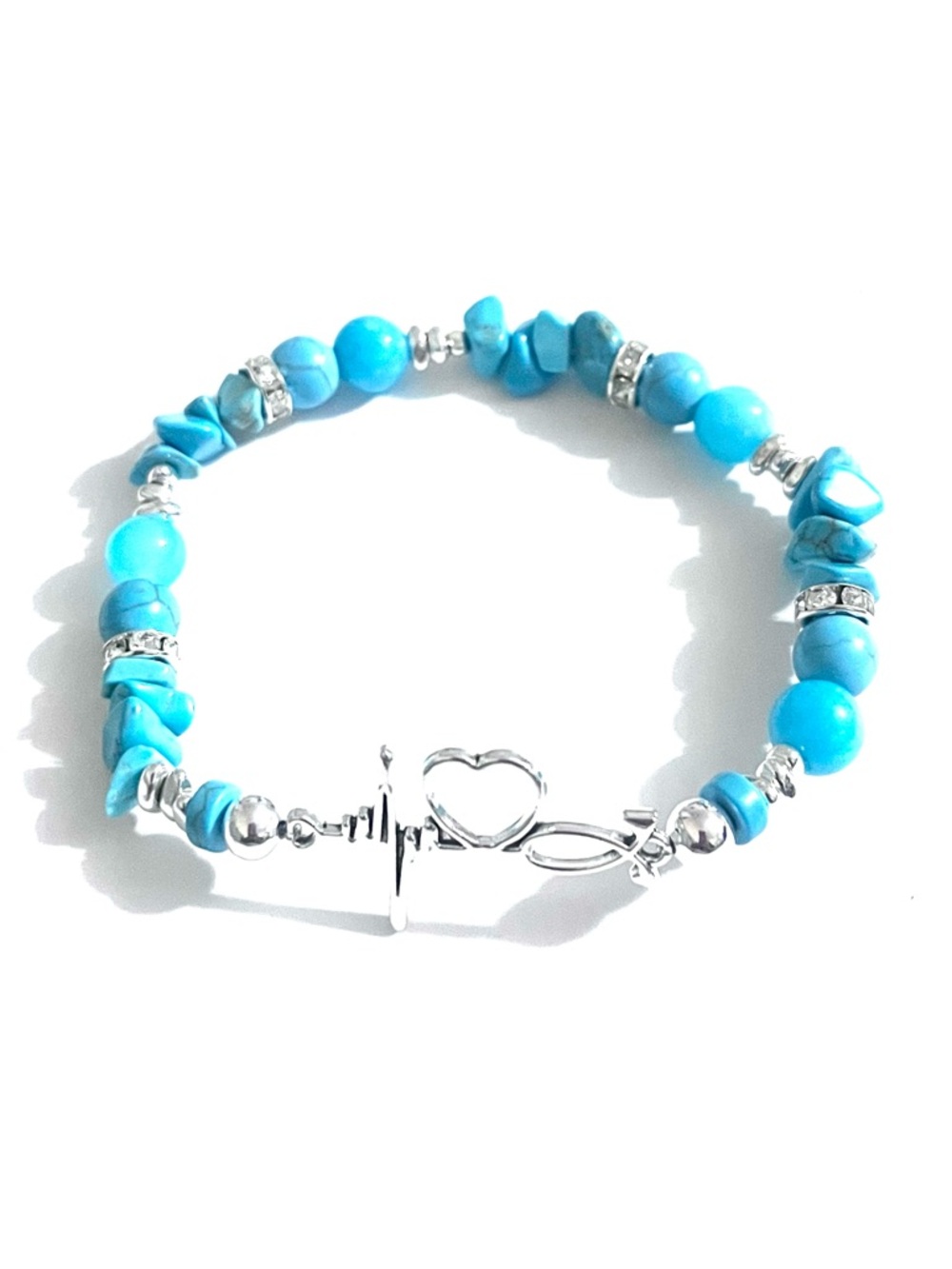 Turquoise Blue Beaded Heart Bracelet - Women Jewelry 7 inch